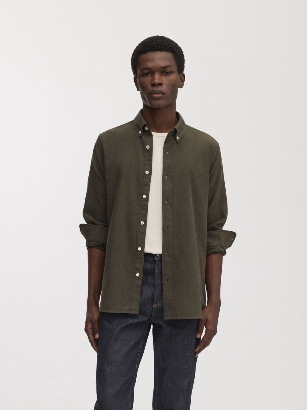 ASKET Khaki Green Organic Cotton Flannel Button Down Shirt XL LONG